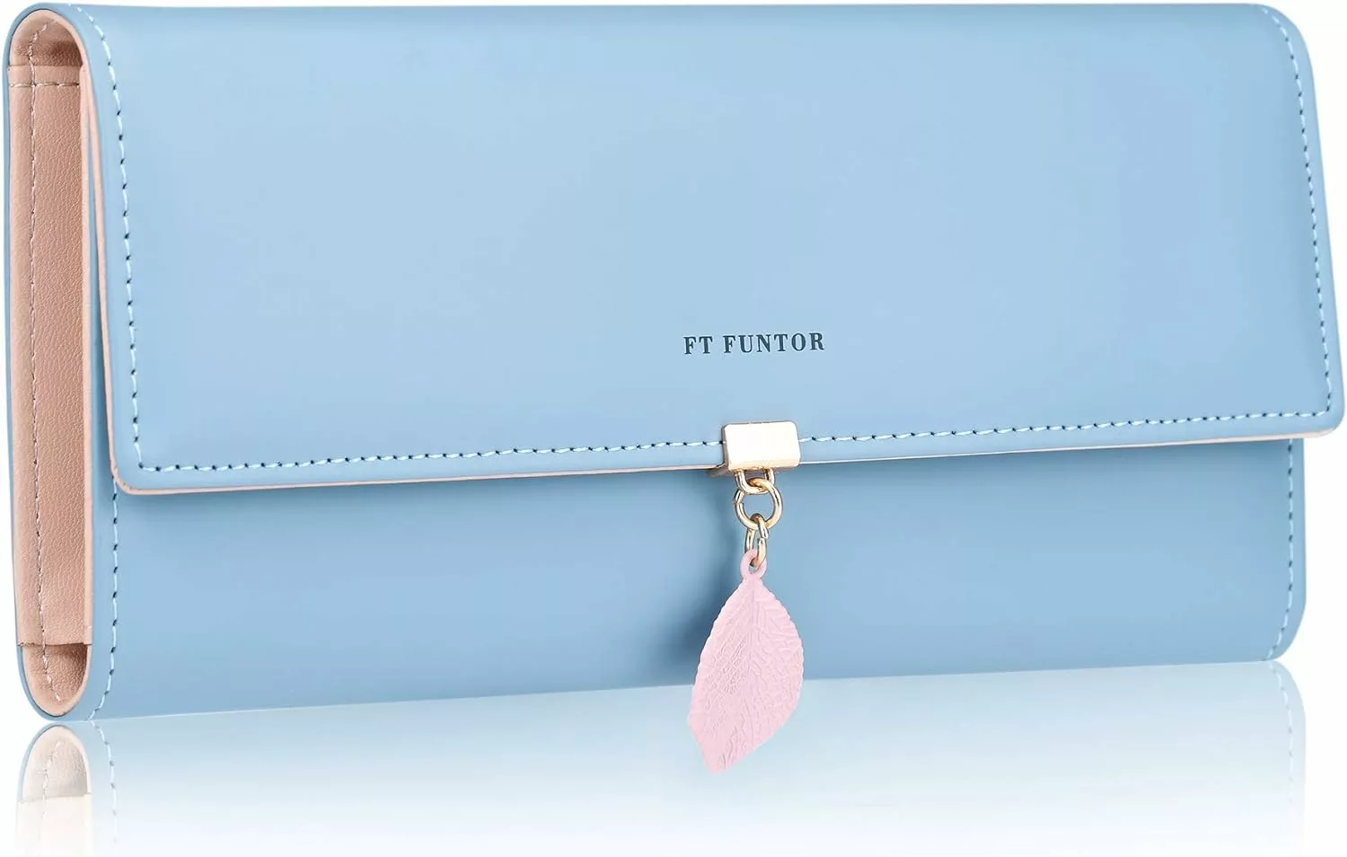 FT FUNTOR PU Leather Wallet for Women RFID Blocking Ladies Leaf Pendant Coin Zipper Long Purse with Multiple Card Slots and Card Holders Phone Pocket (Blue)