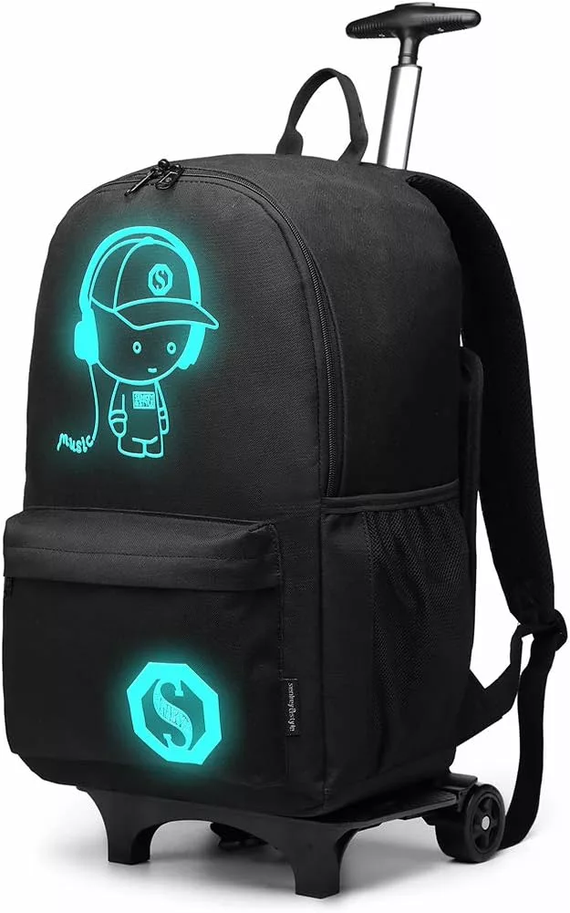 Kono Laptop Rucksack Waterproof Luminous Music Boy Wheeled Travel Backpack