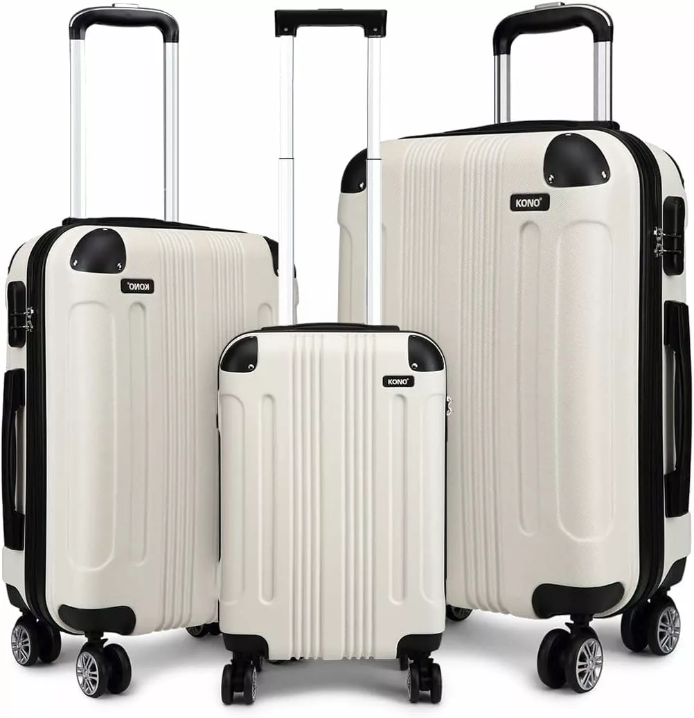 Kono Luggage Sets of 3 Piece Lightweight 4 Wheels Hard Sheel ABS Travel Trolley Suitcases (White)