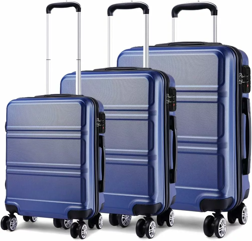 Kono Luggage Sets of 3 Piece Lightweight 4 Spinner Wheels Hard Shell Trolley Case 20"/24"/28" (Navy Set)