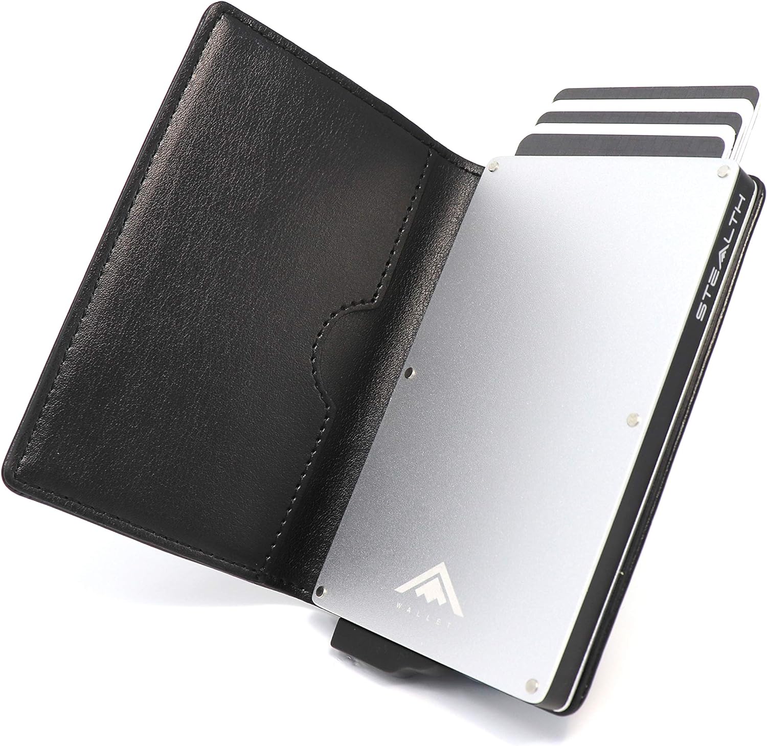 Stealth Wallet RFID Card Holders - Smart Minimalist NFC Blocking Pop Up Wallets with Gift Box - Slim Lightweight Metal Credit Cards Holder & Contactless Protector (Silver Aluminum with Black Leather)