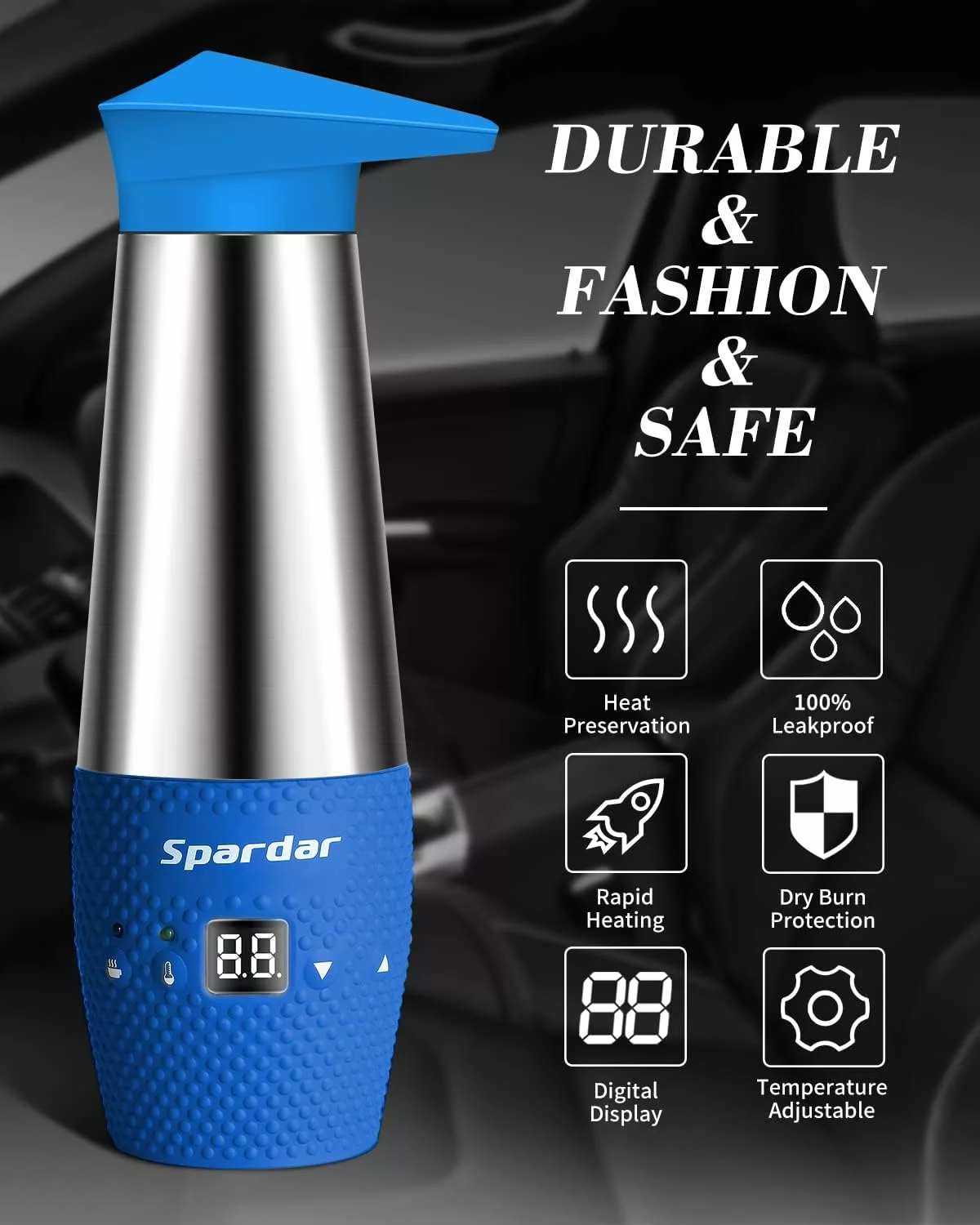 Spardar 12v Kettle, Travel Kettles Electric Small, Car Kettle, Portable Kettle, 348ml Travel Electric Kettle for Car Truck, Temperature Control Kettle, Double Insulation Anti-Scalding Design (Blue)