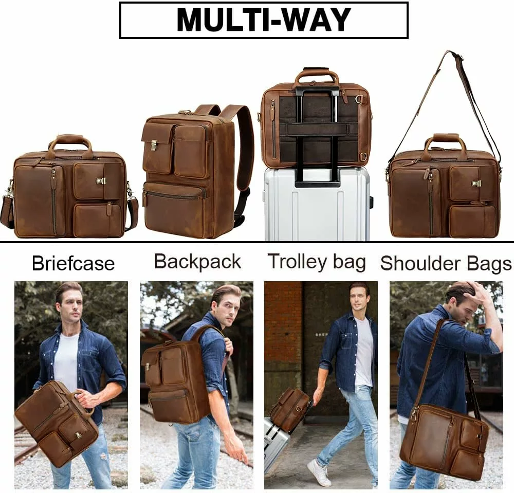 TIDING Leather Laptop Backpack Convertible into Briefcase Handmade Business Rucksack Bag 15.6" Computer for Men Travel Daypack, Light Brown