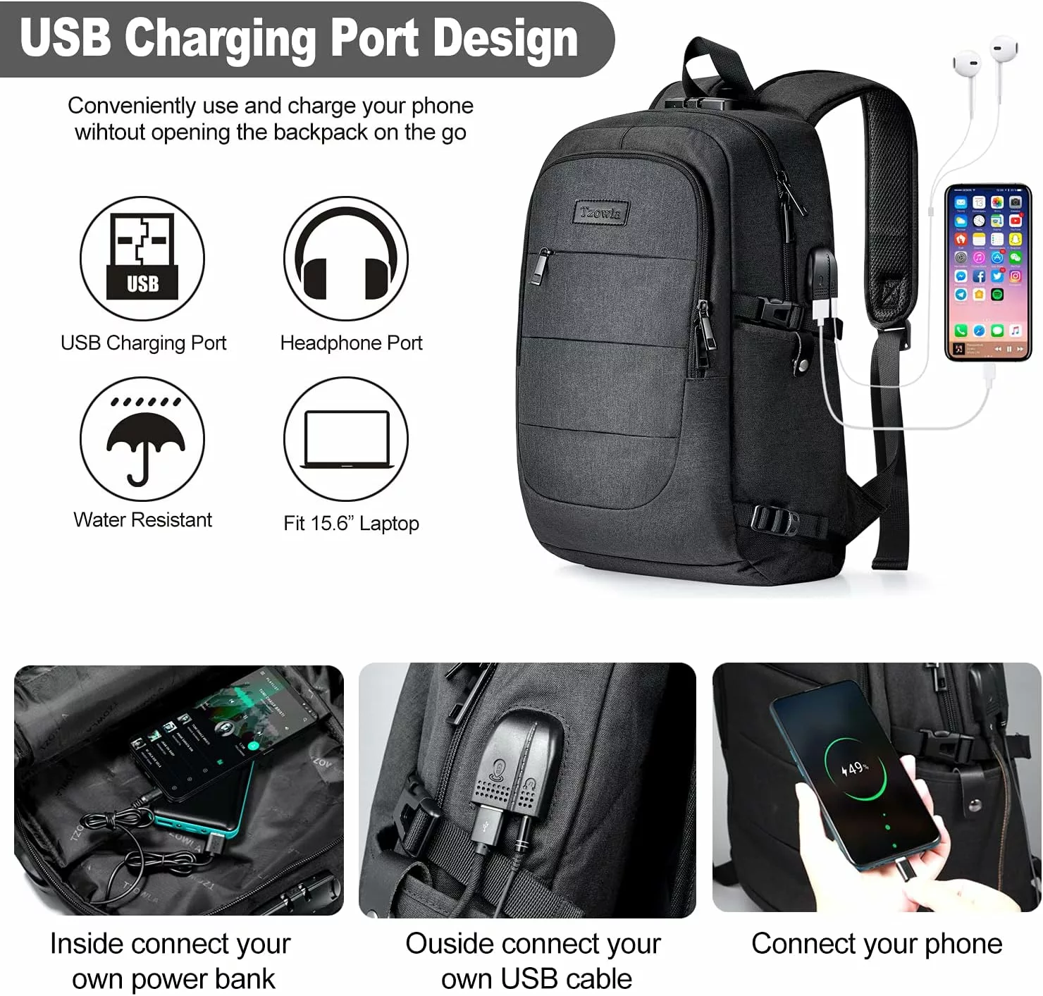 Travel Laptop Backpack Water Resistant Anti-Theft Bag with USB Charging Port and Lock 14/15.6 Inch Computer Business Daypack for Women Men College School Student Hiking