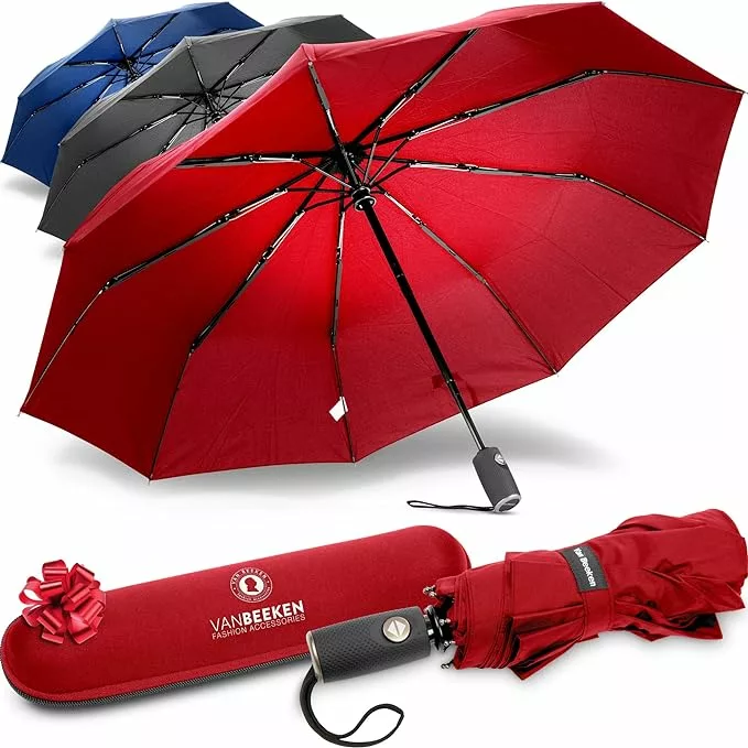 VAN BEEKEN Umbrella Windproof - Wind Resistant Travel Umbrella with Teflon - Light Compact Automatic Umbrella - Portable Folding Umbrella for Men Women