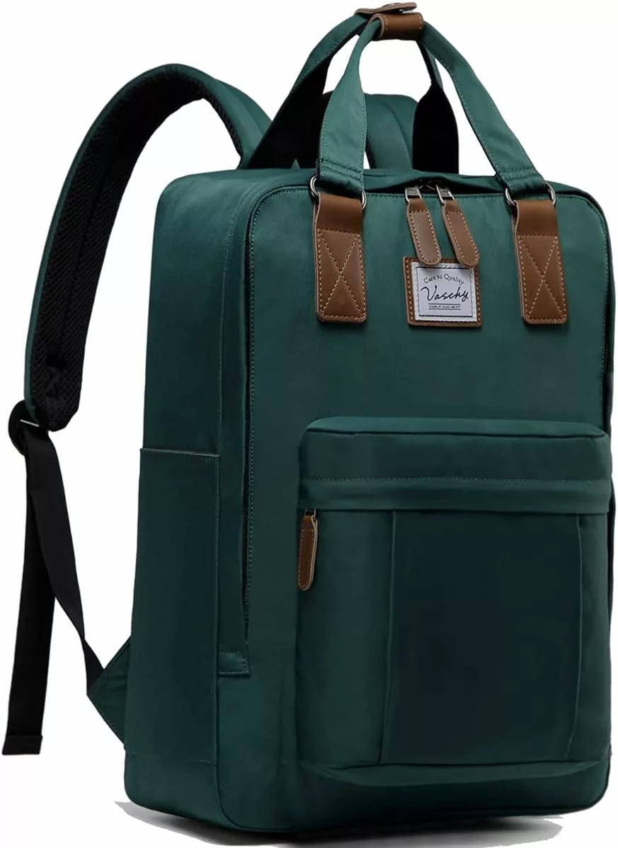 VASCHY Backpack for Women, Men Vintage School Backpack Travel Work Rucksack Water Resistant Daypack with Button Top Handle (Dark Green)
