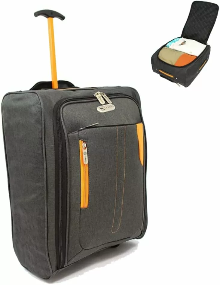 IN TRAVEL - Soft Sided Cabin Approved Hand Luggage Suitcase - Extendable Handle Dual Wheel Multi Pocket Travel Bag 50 x 20 x 35 - 44L, Black/Orange
